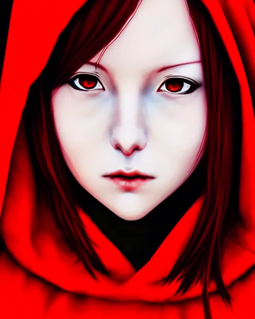 Image similar to portrait Anime white woman with red hair; cloak with hood || pretty face, realistic shaded Perfect face, fine details. Anime. realistic shaded lighting by Kim Jung Gi