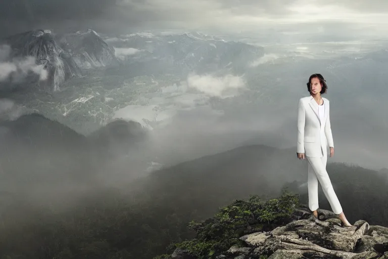 Image similar to a cinematic portrait of a beautiful middle aged woman wearing futuristic white suit on the top of a mountain, overlooking a vast serene forest, large diffused light, neon light, 4 k, ultra realistic, dramatic lighting, rain, clouds, fog, vogue, fashion, glamour, magazine spread, by marco mazzoni and jessica rossier