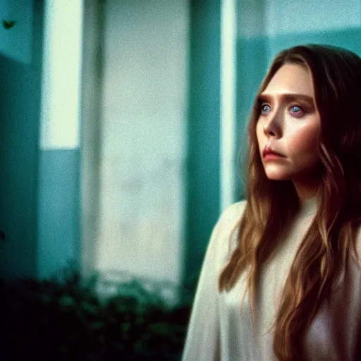 Image similar to elizabeth olsen angry, liminal space, cinematic shot, cinestill 8 0 0 t