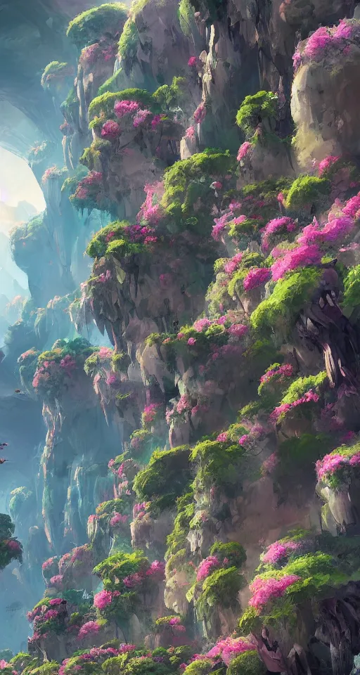 Prompt: canyon filled with flowers trees and flying spaceships, artstation, detailed