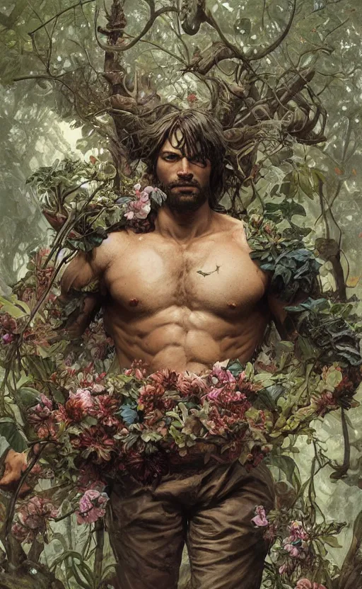 Prompt: god of the forest, rocksteady, rugged, handsome, male, detailed face, clean lines, atmospheric lighting, amazing, full body, thighs, flowers, muscular, intricate, highly detailed, digital painting, deviantart, concept art, sharp focus, illustration, art by greg rutkowski and alphonse mucha