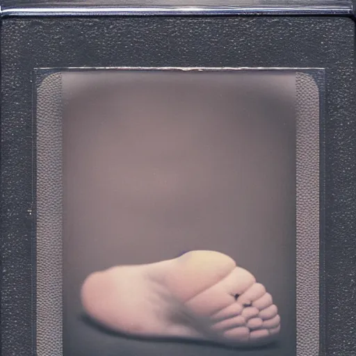 Prompt: polaroid photo of a plastic foot in a dirty aquarium