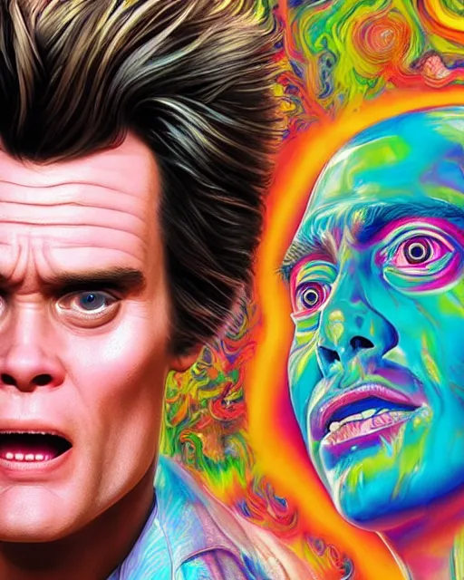 Prompt: portrait ultra dimensional ace ventura jim carrey entity, accidentally tripping on dmt and acid, psychedelic experience, overwhelming psychosis of self realization and burning awakening, ultra high definition, unreal engine 5, hyperrealism, masterpiece composition, by casey weldon, barclay shaw 8 k photorealistic