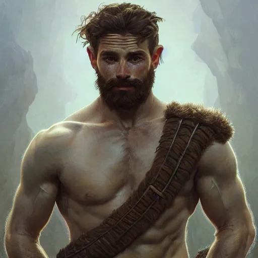 Image similar to portrait of a young rugged ranger, muscular, upper body, hairy torso, D&D, fantasy, intricate, cinematic lighting, highly detailed, digital painting, artstation, concept art, smooth, sharp focus, illustration, art by Artgerm and Greg Rutkowski and Alphonse Mucha