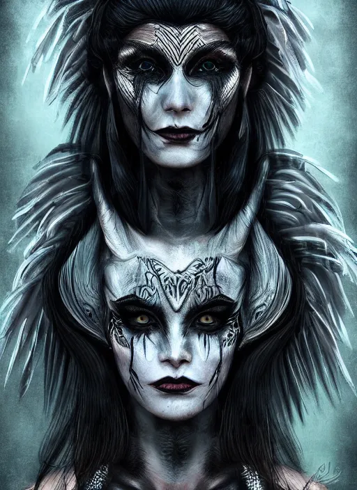 Image similar to digital art of a young woman in dark shamanistic ritual clothing accented by black feathers, dark ravenlike makeup on her face, post apocalyptic, dystopian, high resolution, highly detailed, fallout, raider, 4 k, artstation, dark lighting