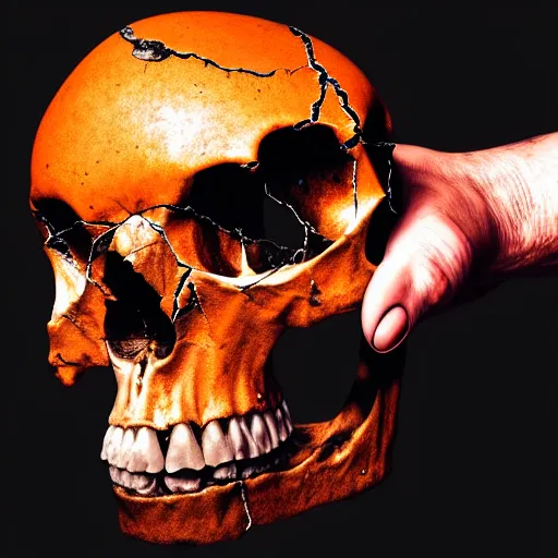 Image similar to photograph of a rotten damaged hand holding up a human skull with scorch marks on it, photorealistic, hyperdetailed, volumetric light, cinematic, f 8 aperture, orange rim lighting