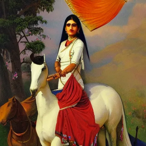 Prompt: a painting of a!! kurdish!! woman riding a beautiful white horse, an oil on canvas painting by raja ravi varma, award winning art, featured on deviantart, qajar art, detailed painting, oil on canvas, acrylic art, extremely detailed, incredibly intricate, elegant