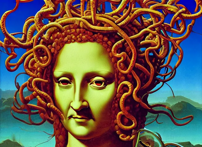 Image similar to monalisa as medusa, omnious by kilian eng, chris foss, rodney matthews, robert mccall, jacek yerka and vladimir kush, oil on canvas