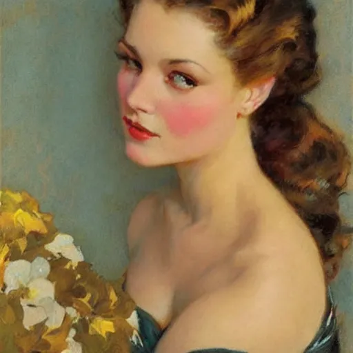 Prompt: portrait of a beautiful woman, intricate, elegant, highly detailed, greg manchess, mucha, gil elvgren