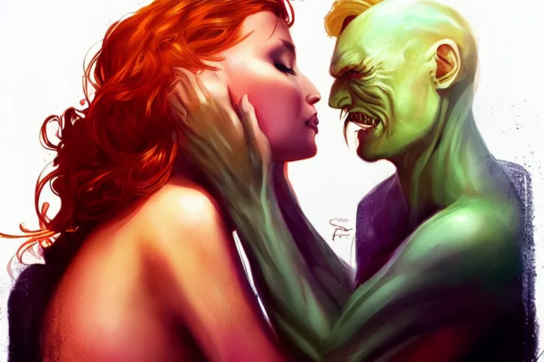 Prompt: an alien woman kisses a man by charlie bowater, sci - fi, color vibe, reimagined by industrial light and magic