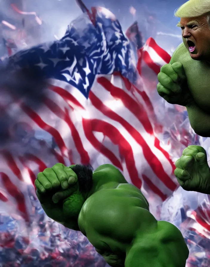 Image similar to Donald Trump punches hulk, hyper realism, high detail, octane render, 8k, depth of field