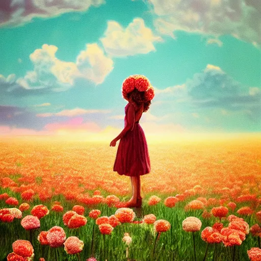 Image similar to head made of carnations flower, girl standing in a vast flower field, surreal photography, sunrise dramatic light, impressionist painting, colorful clouds, large sky, digital painting, artstation, simon stalenhag, flower face