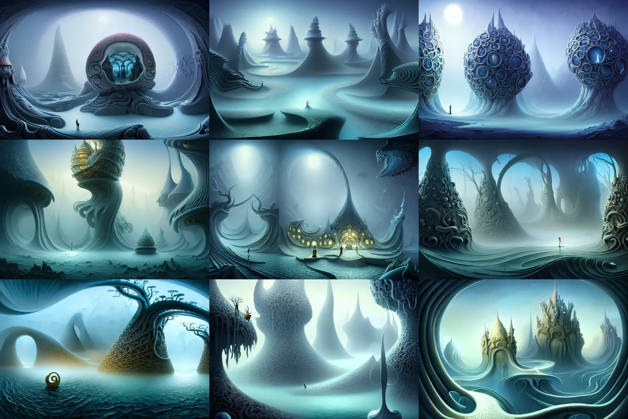 Prompt: an epic elite elegant mysterious masterpiece fantasy matte painting of an impossible path winding through arctic dream worlds with surreal architecture designed by heironymous bosch, structures inspired by heironymous bosch's garden of earthly delights, surreal ice interiors by cyril rolando and asher durand and natalie shau, insanely detailed, whimsical, intricate, sharp focus, complex, fantasy realism