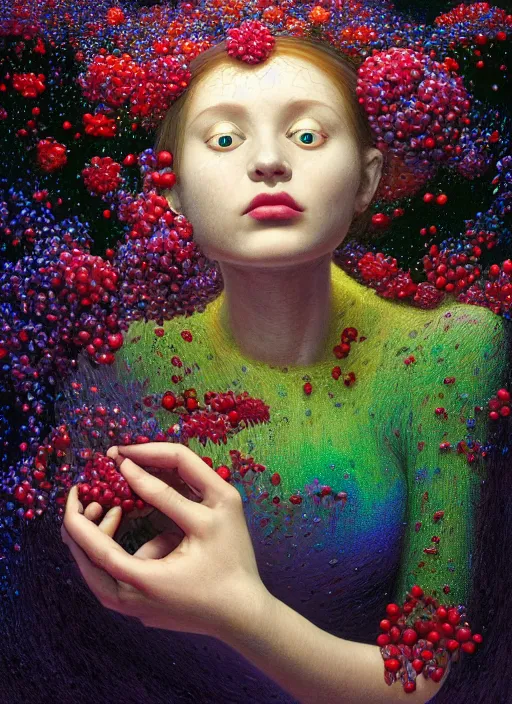 Image similar to hyper detailed 3d render like a Oil painting - Aurora (Singer) Eats of the Strangling Fruit and Her delicate Hands hold of gossamer polyp blossoms bring iridescent fungal flowers whose spores black the foolish stars by Jacek Yerka, Mariusz Lewandowski, Houdini algorithmic generative render, Abstract brush strokes, Masterpiece, Edward Hopper and James Gilleard, Zdzislaw Beksinski, Mark Ryden, Wolfgang Lettl, hints of Yayoi Kasuma, octane render, 8k