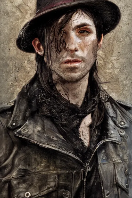 Image similar to portrait, headshot, digital painting, 50's adventurer, dark hair, fedora, stained dirty clothing, leather jacket, realistic, hyperdetailed, concept art, chiaroscuro, Waterhouse style