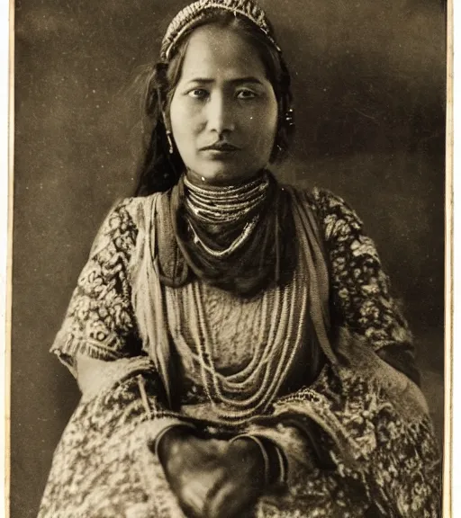 Prompt: vintage_portrait_photo_of_a_beautiful_nepalese_Victorian maiden in the himalayas