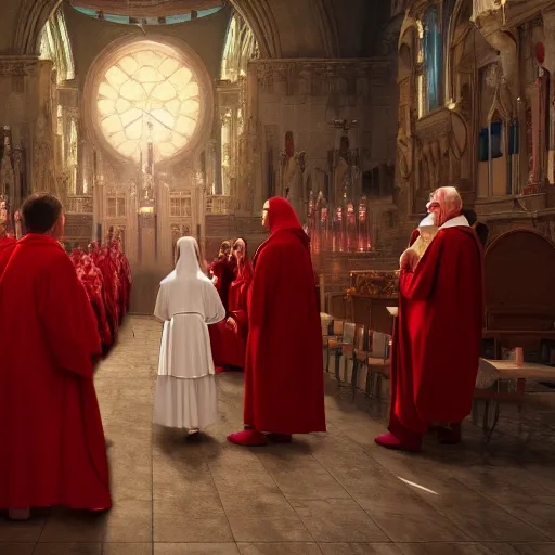 Image similar to octane render by mort kunstler and annie leibovitz and monia merlo, a line of people in colorful tunics receiving holy communion from a monstrous alien creature in a red cardinal robe, 4 d, 4 k, volumetric lighting, ray traced lighting, ultra - detailed