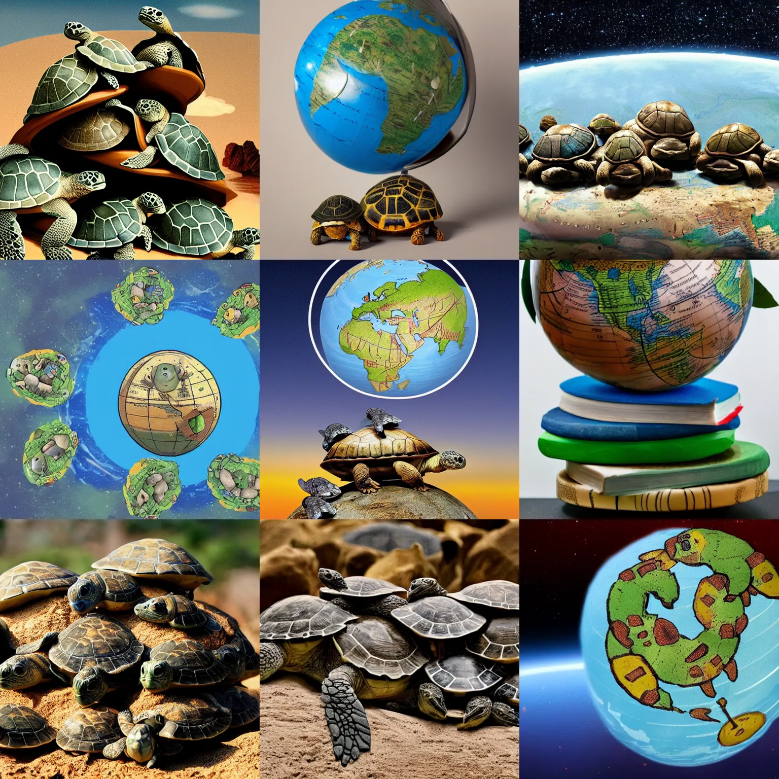 Prompt: a stack of turtles beneath a globe of the earth, earth globe on top