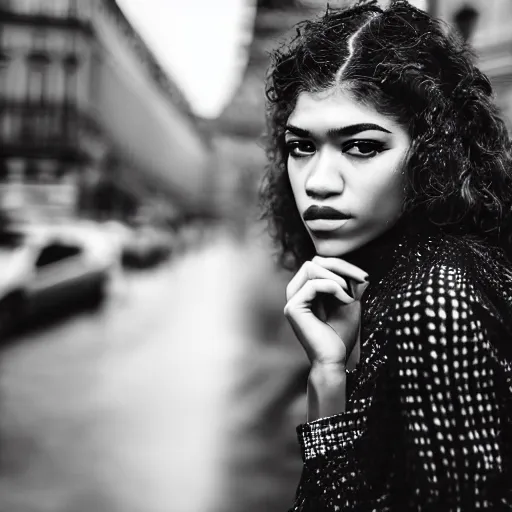 Image similar to black and white fashion photograph, highly detailed portrait of a depressed Zendaya as a drug dealer on a busy Paris street, detailed face looking into camera, eye contact, natural light, rain, mist, lomo, fashion photography, film grain, soft vignette, sigma 85mm f/1.4 1/10 sec shutter, Daren Aronofsky film still promotional image, IMAX 70mm footage