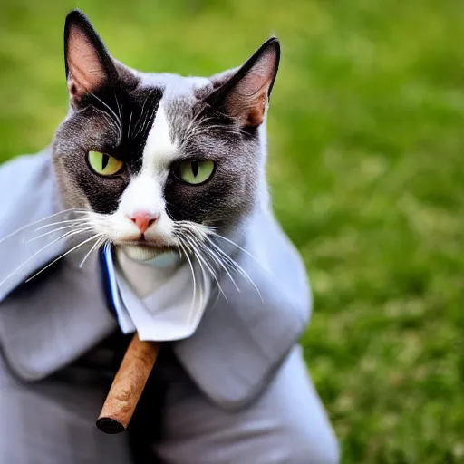 Image similar to cat wearing a suit smoking a cigar