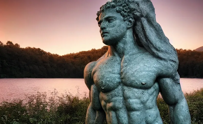 Prompt: a mossy greek marble statue of a very muscular man abandoned in the middle of a forest near a lake at sunset, concept art, godrays, complementary colors, calm, relaxing, beautiful landscape, highly detailed, high quality, 4k HDR, path tracing, serene landscape, high coherence, soft lighting