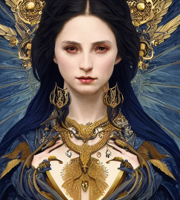 Image similar to god of death, in the underworld, elegant dark blue dress, very detailed, throne, very intricate details, jewelry, gold line tattoos, elaborate long hairstyle, wings, cinematic, artstation, william bouguereau, alphonse mucha, greg rutkowski, rossdraws, octane render