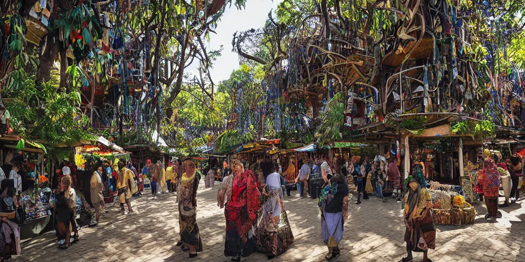 Prompt: maori, tlingit, bazaar in the tree city, tree trunks carved into towers with bulbous balconies wreathed in leafy vines :: dim sun, solarpunk candid street scene in market by Simon Stalenhagand and Rembrandt