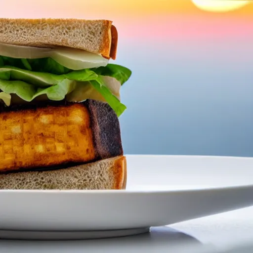 Image similar to sandwich with fried tofu, also tomato, onion, avocado and cheddar, over a dish and over a table, sunset background with saturn in the sky, studio photo, amazing light