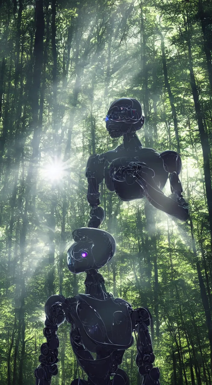 Image similar to a robot portrait in a movie, forest, cinematic shot, sun beams