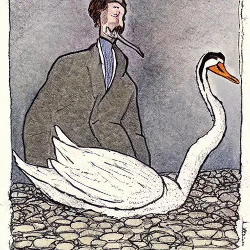 Prompt: man and swan sitting on a pile of ashes, drawing by Milo Manara, highly detailed, sensual colors