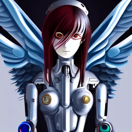 Image similar to small female cyborg - angel with large angelic wings, left eye gold and right eye silver, cyberpunk - anime character - concept art