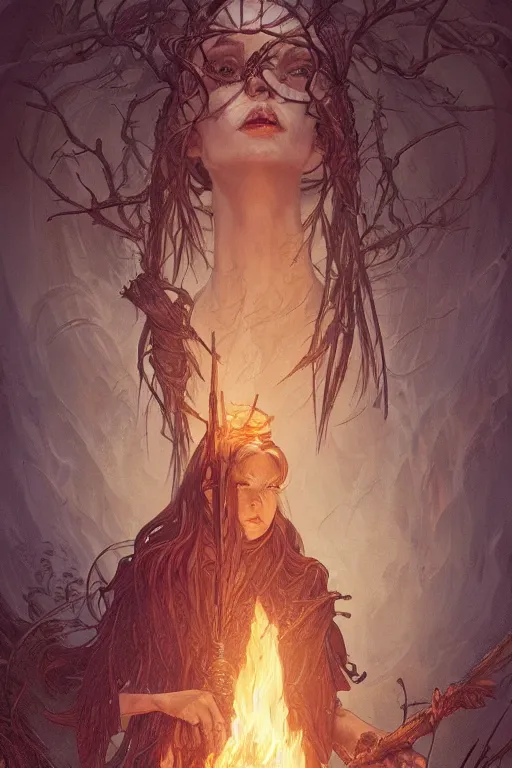 Prompt: witch burning at the stake, D&D, Fantasy, intricate, elegant, highly detailed, digital painting, artstation, concept art, smooth, sharp focus, illustration, art by artgerm and greg rutkowski and alphonse mucha