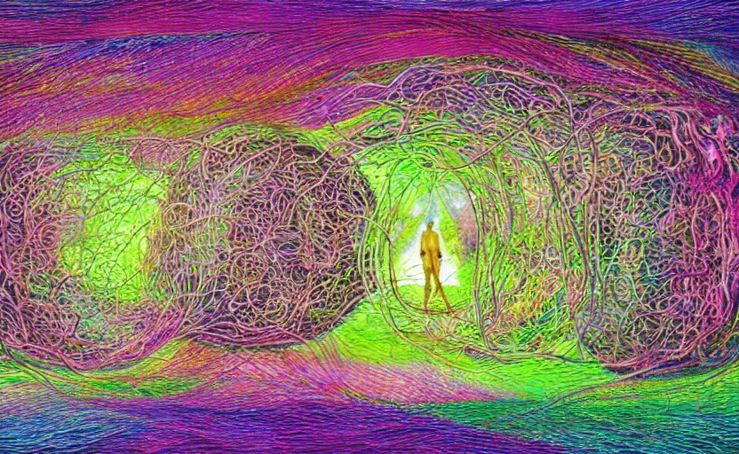 Image similar to a person trapped in the fetal position inside of extremely thick iridescent vines intertwined, central circular composition, high saturation, epic lighting, in the style of Peter gric and Amanda Sage 8k