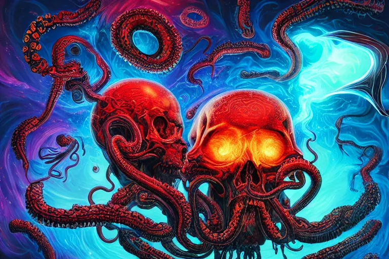 Prompt: a giant skull with intricate rune carvings and red eyes with lovecraftian tentacles emerging from a space nebula by dan mumford, smoke trails, digital art, photorealistic, vivid colors, highly detailed, intricate