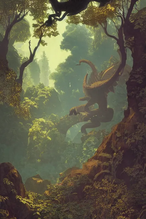 Prompt: ancient stone dragon in a forest clearing | by Edmund Dulac and Maxfield Parrish | ornate carved stone | inlaid gems | climbing vines| rich color | dramatic cinematic lighting | golden hour| featured on Artstation | cgsociety | unreal engine