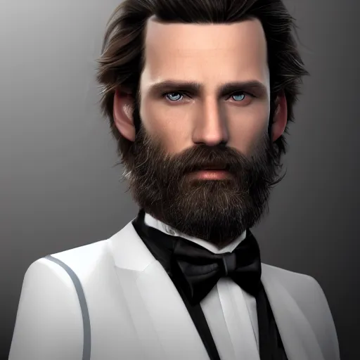 Image similar to a highly detailed portrait of a man, with a brown short beard and hair, blue eyes, wearing a tuxedo, artstation, deviantart, professional, unreal engine 5, photorealistic