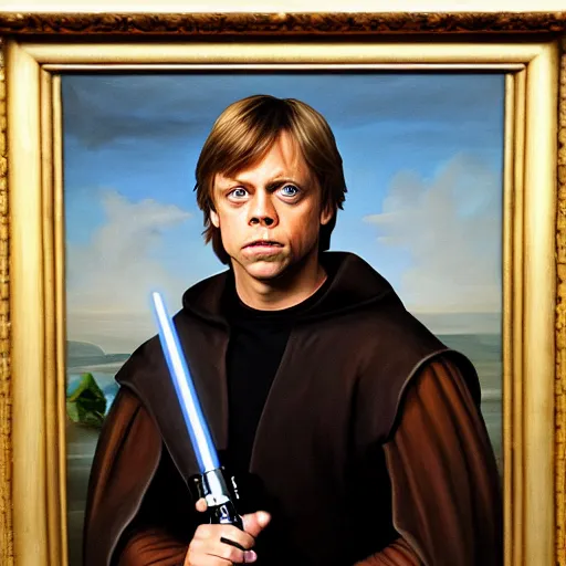 Prompt: a portrait painting of young mark hamill playing luke from star wars in a renaissance style hanging in the louvre