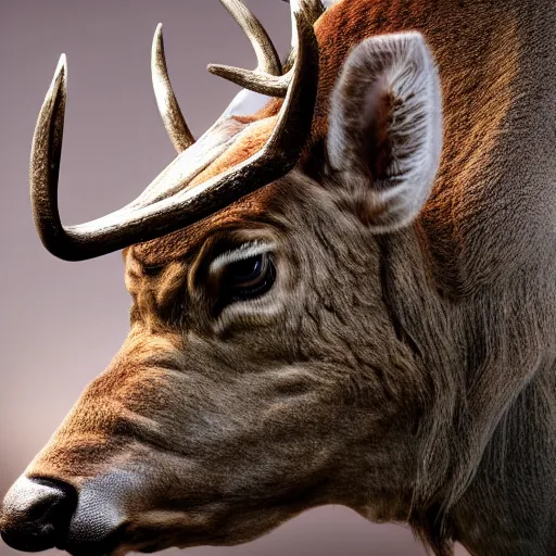 Image similar to hybrid between deer and bull, profile, extremely detailed, nature photography, artstation