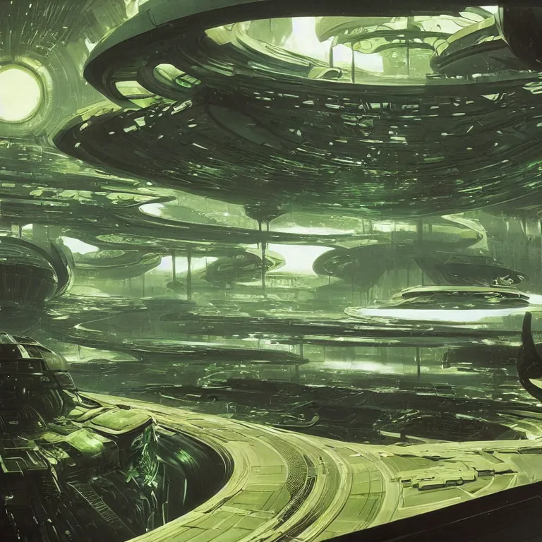 Image similar to beautiful matte painting of green gardens on a futuristic sci-fi space station, cinematic angle, cinematic lighting, by Syd Mead, John Harris, Federico Pelat