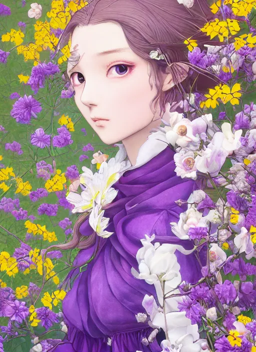 Image similar to elf girl wearing an flower suit, soft hair. light color palate, purple, yellow and white. detailed soft painting, ayami kojima, made in abyss, anatomically correct, ilya kuvshinov, inspired in balthus, high detailed face anime, vogue magazine, glorious composition, mobile wallpaper, trending on pixiv