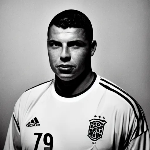 Prompt: portrait of the real ronaldo nazario from brazil by yousuf karsh, holy halo, neon ambient lighting, high detail