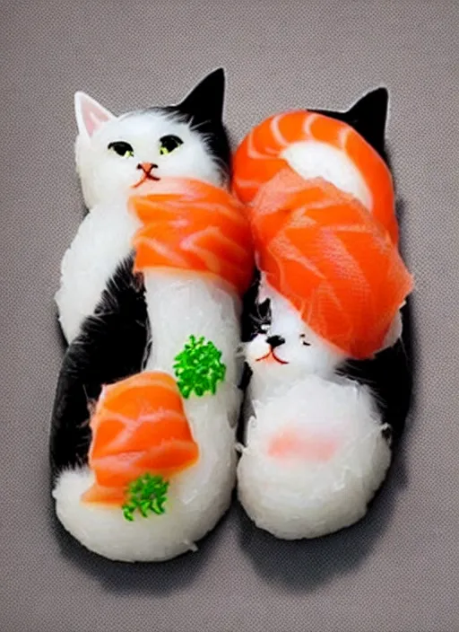 Image similar to clear photorealistic picture of adorable cats made out of sushi