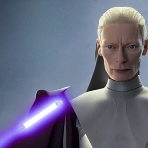 Prompt: Tilda Swinton as a Jedi, still from Star Wars X: Republic Rebirth