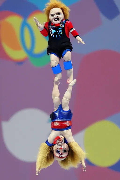 Image similar to screaming chucky doll performing a perfect 1 0 dive at olympics