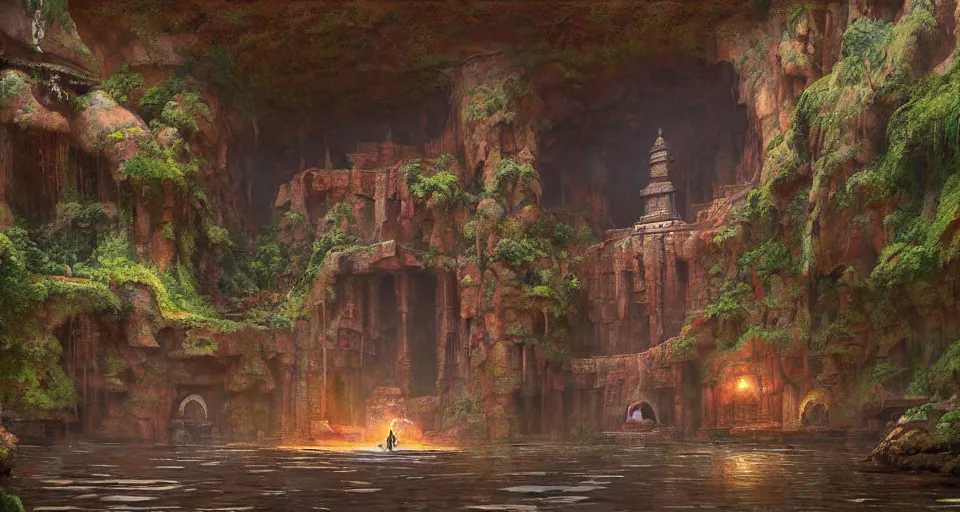 Image similar to indian ancient temple hidden looks like a lotus in a cave waterfalls around, realistic concept art, eytan zana, one pixel brush, by eugene von guerard, ivan shishkin, dramatic lighting, concept art, trending on artstation