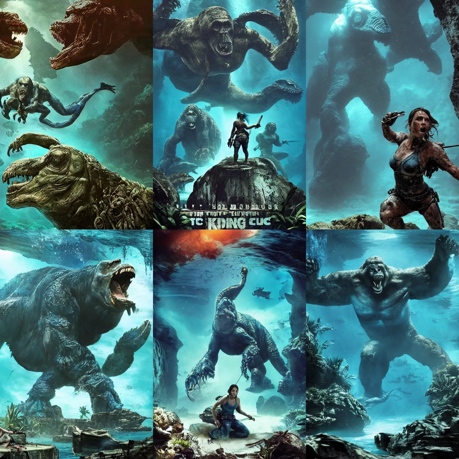 Prompt: Blue. epic composition, ancient biomechanical temple, underwater, bioluminiscent, Tomb Raider (2018), tropical Island, Kong: Skull Island (2017), Lost series, Action, from jurassic World (2015), from pacific rim (2013) from King kong (2005), farcry, cryengine, cgsociety, ArtStation, by drew struzan, by James gurney