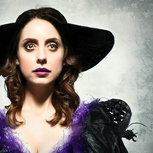 Image similar to Beautiful Alison Brie as a witch, in spooky and dark with den, lit by purple and blue flames, Symmetrical face, symmetrical eyes