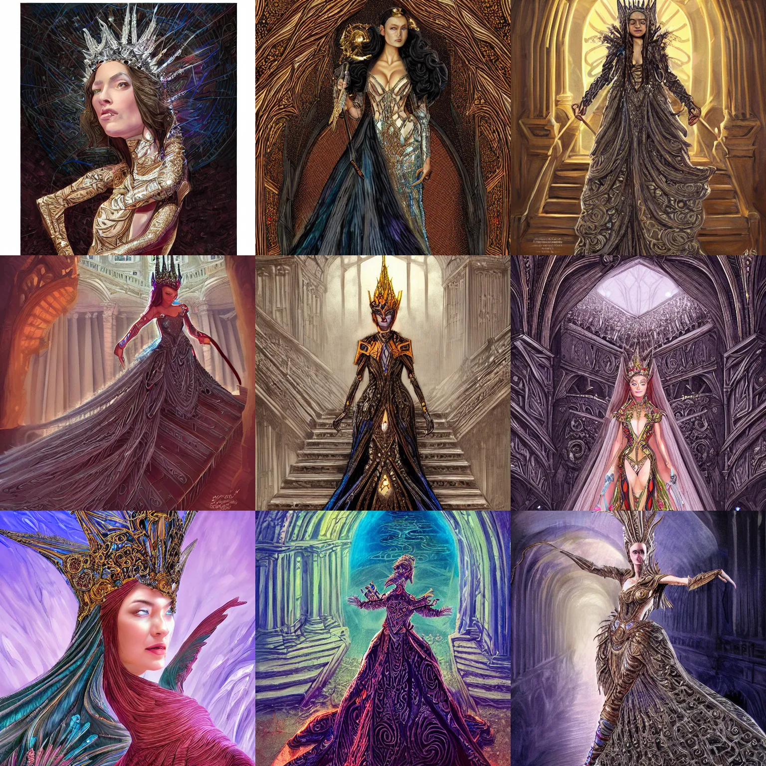 Prompt: Wizard Queen ascendings stairs at the MET Gala posing for the camera, intricate fantasy dress, fantasy, intricate, elegant, highly detailed, digital painting, smooth, sharp focus, illustration, dramatic lighting, artstation, in the style of Alex Ross