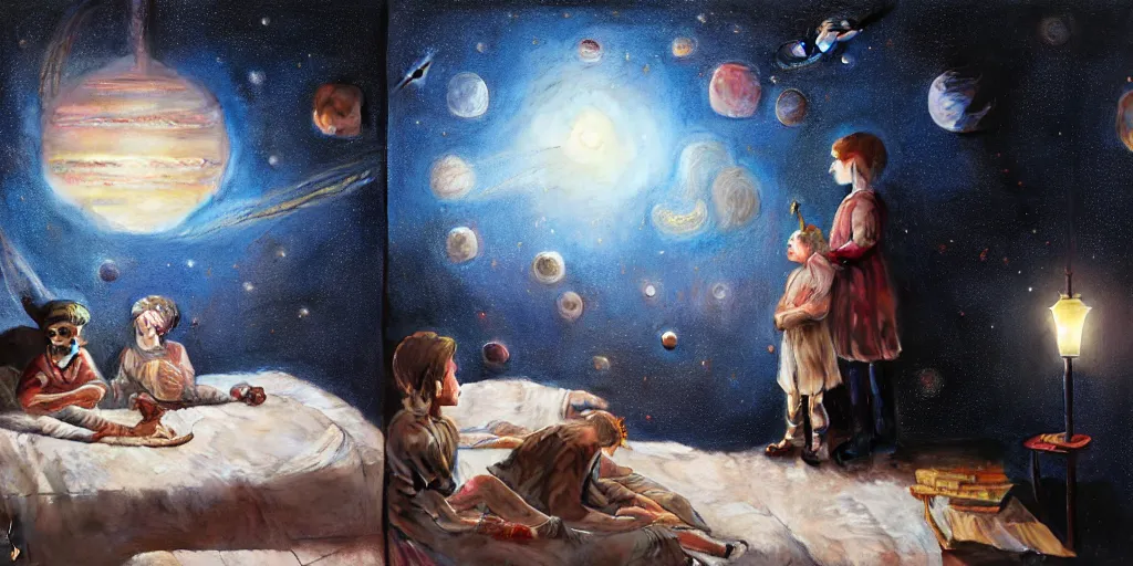 Prompt: one 5 year old boy and one 1 2 year old girl dreaming in their room with a wall with the universe full of galaxies and planets, imagination, part by norman rockwell, part by greg rutkowski, part by mattias adolfsson, high angle, ( ( ( ( volumetric lighting ) ) ) ), oil on canvas