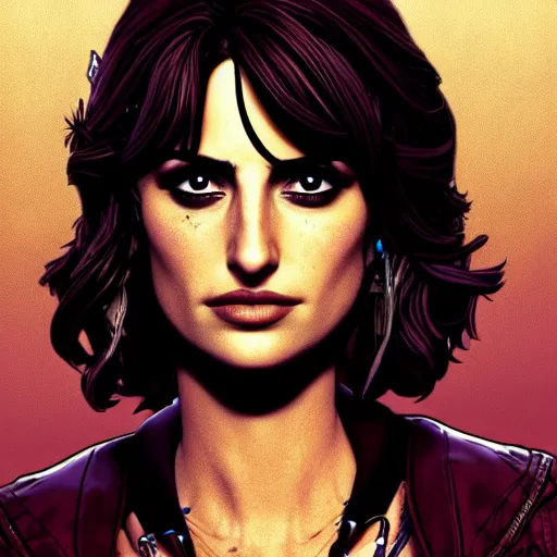 Image similar to penelope cruz portrait, borderlands, tales from the borderlands, the wolf among us, comic, cinematic lighting, studio quality, 8 k